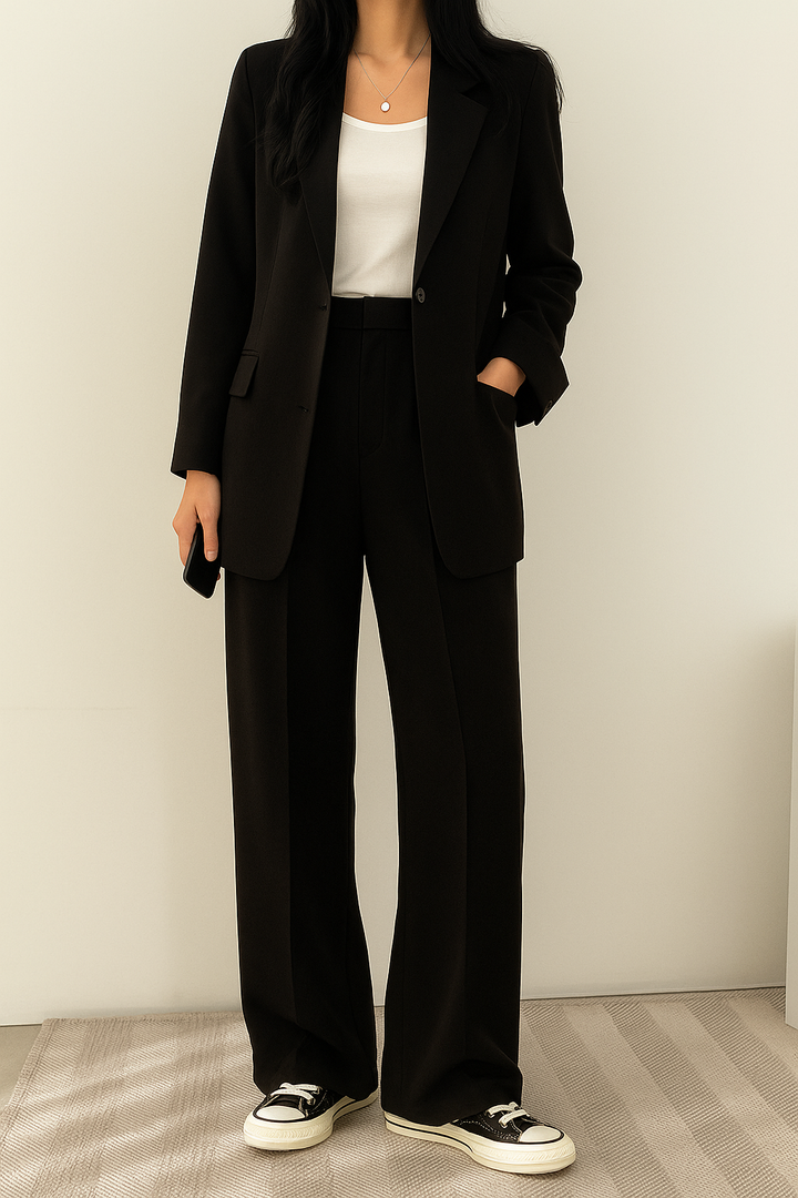 Women's tailored two-piece blazer suit with wide-leg trousers