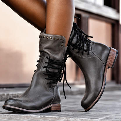 Women's lace-up ankle boots with studded trim and low stacked heels