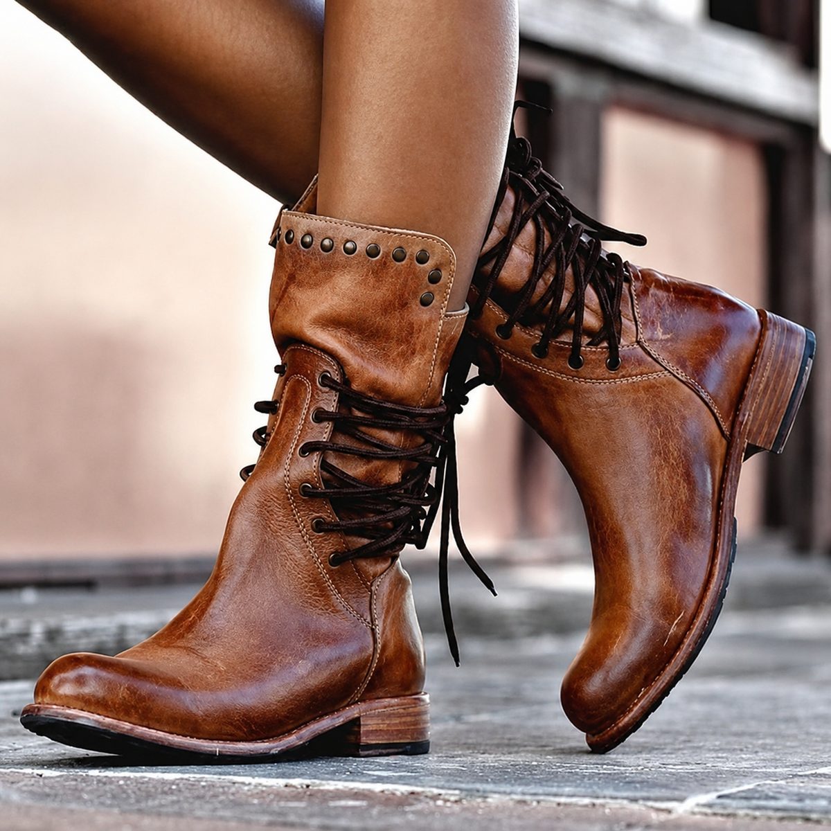 Women's lace-up ankle boots with studded trim and low stacked heels
