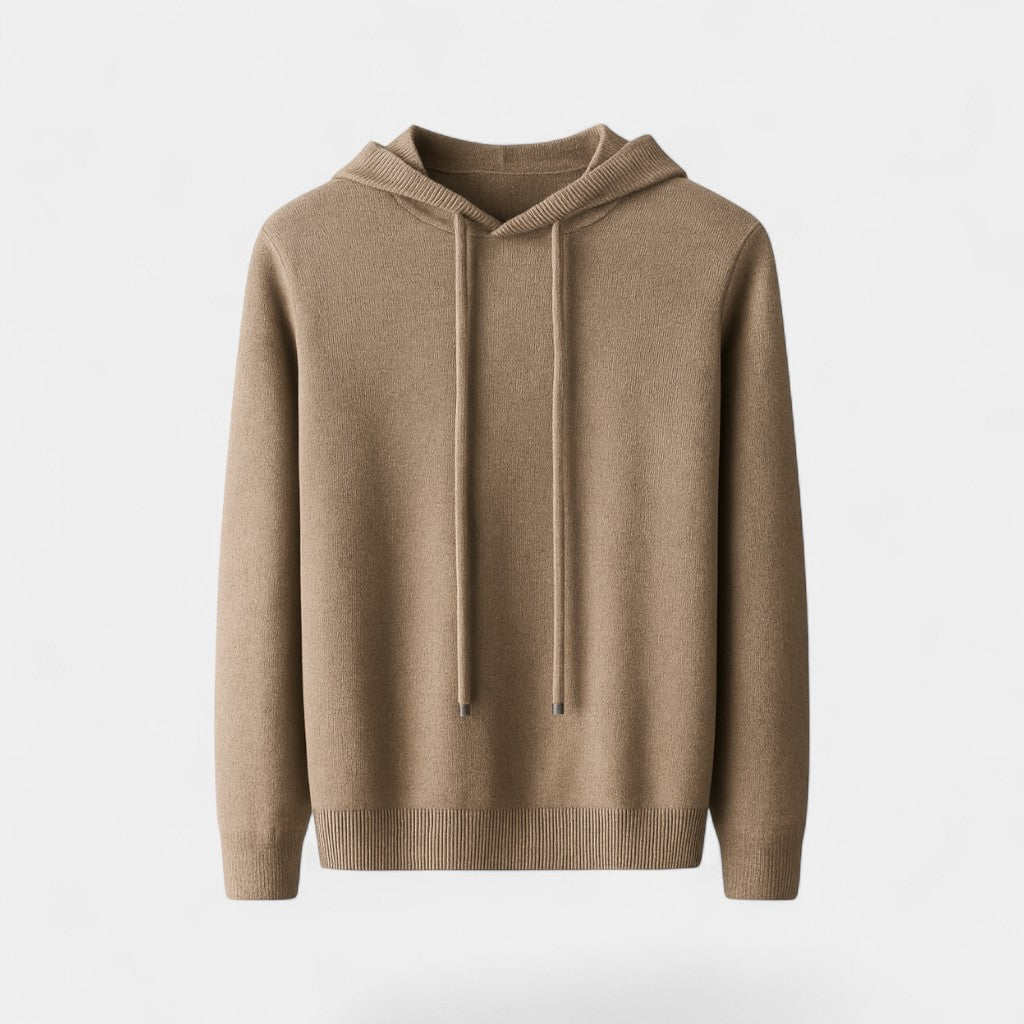 Men's plain knit hooded sweater with long sleeves and ribbed trims