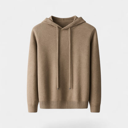 Men's plain knit hooded sweater with long sleeves and ribbed trims
