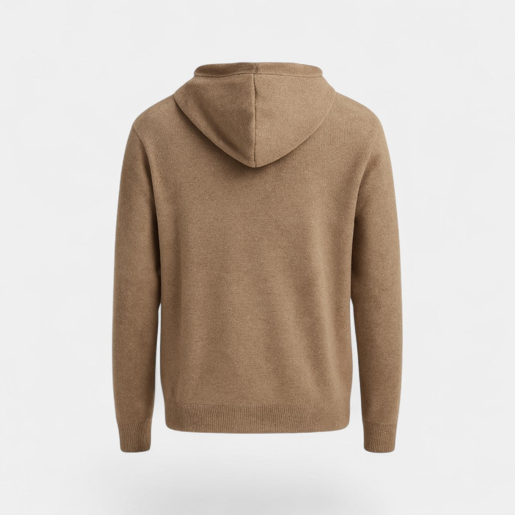 Men's plain knit hooded sweater with long sleeves and ribbed trims