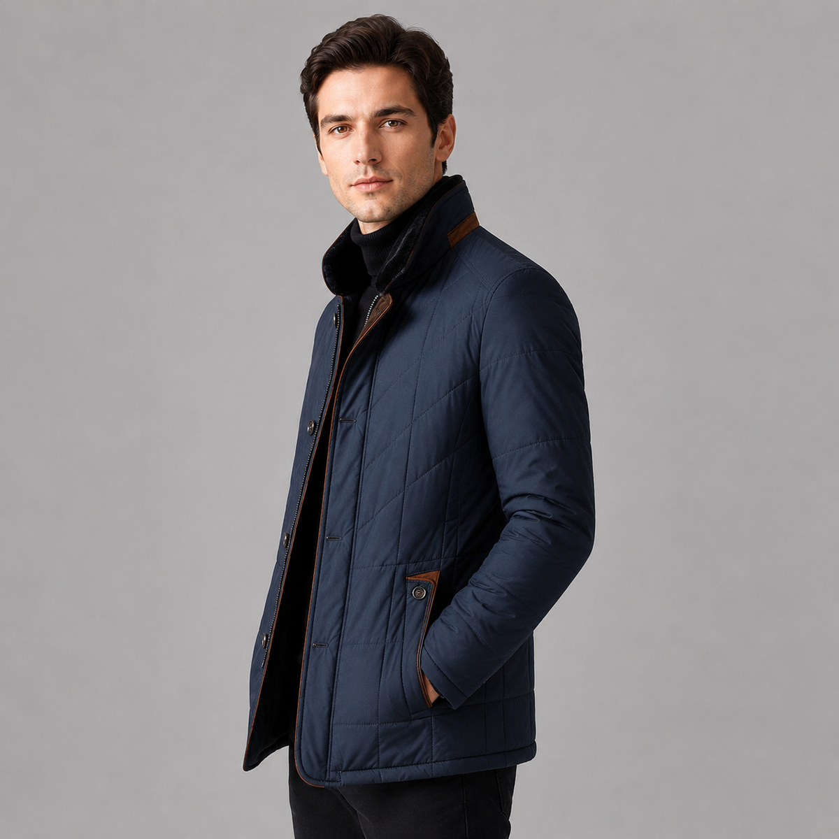 Men's quilted jacket with stand collar, zip front and buttoned pockets