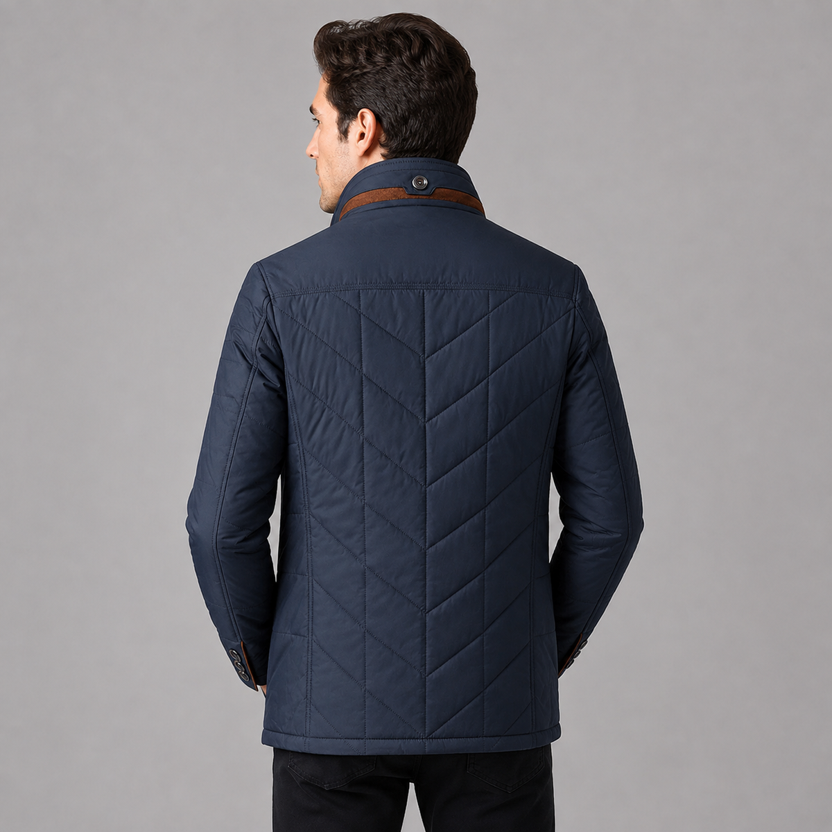 Men's quilted jacket with stand collar, zip front and buttoned pockets