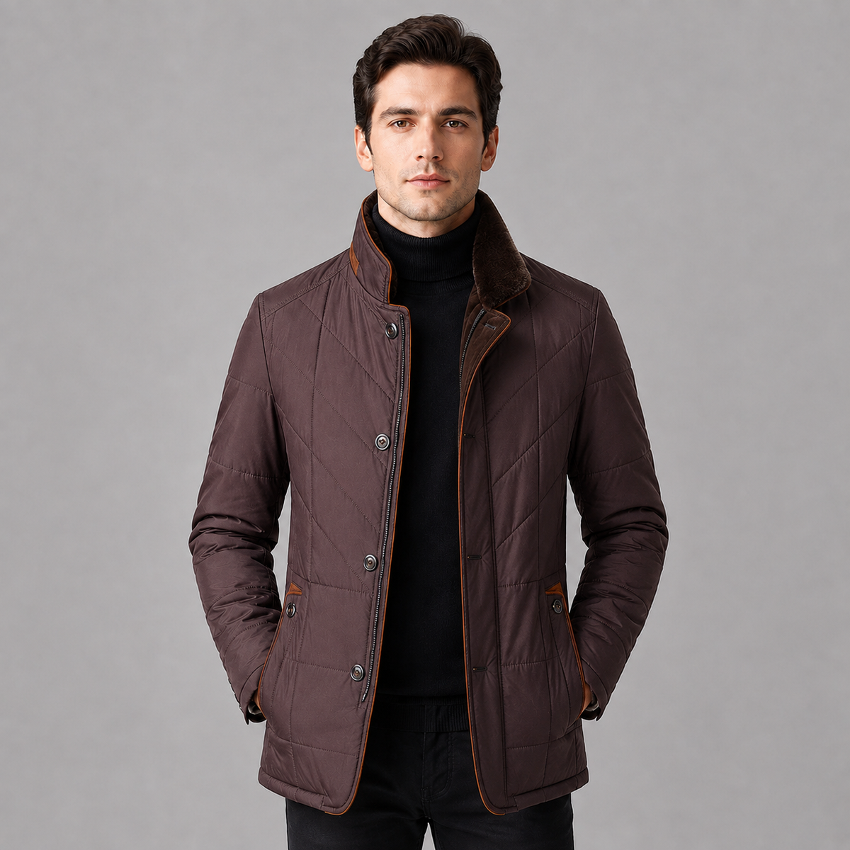 Men's quilted jacket with stand collar, zip front and buttoned pockets
