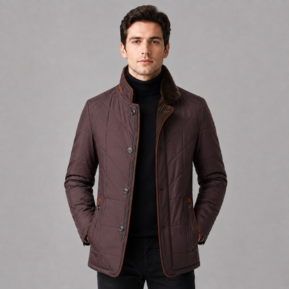Men's quilted jacket with stand collar, zip front and buttoned pockets