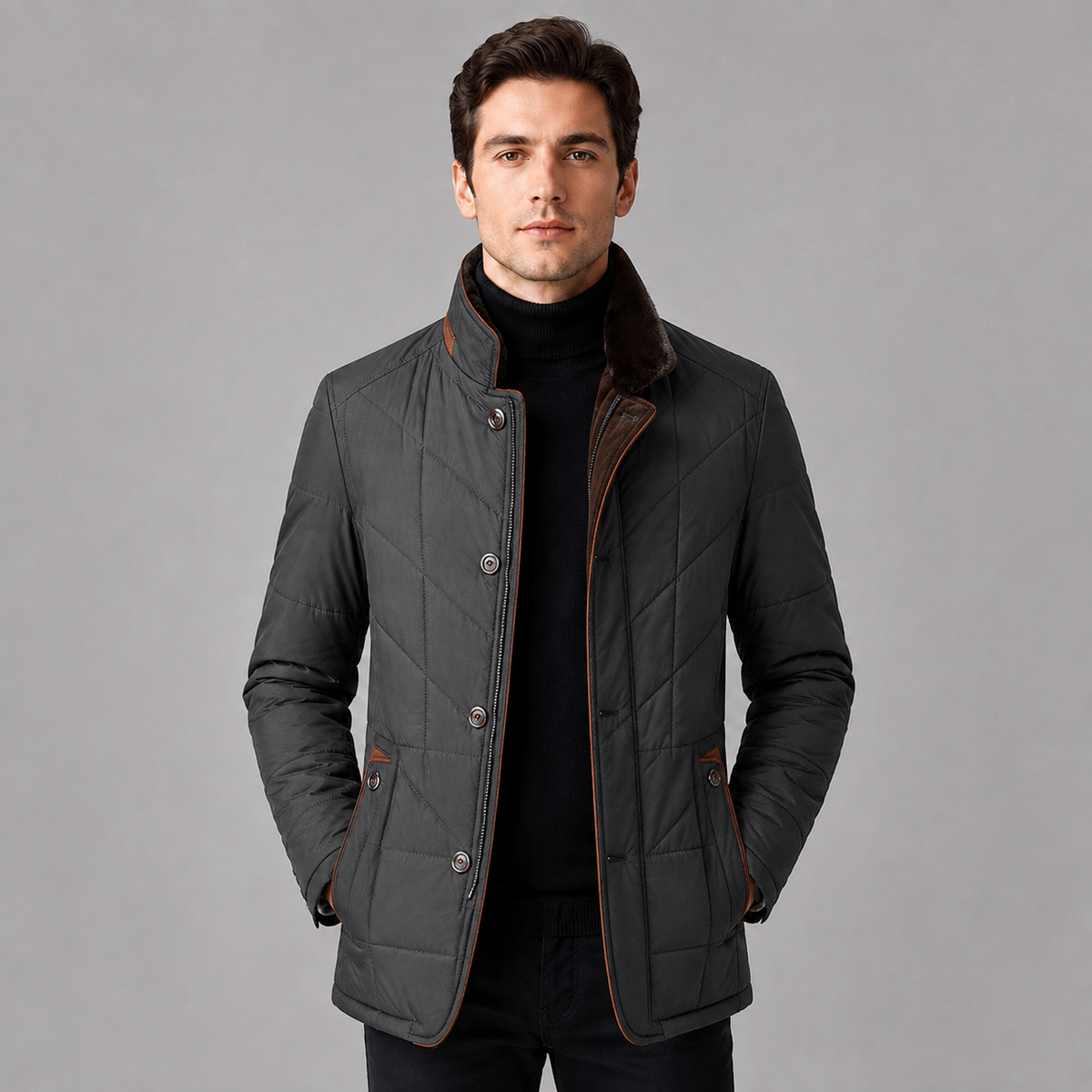 Men's quilted jacket with stand collar, zip front and buttoned pockets