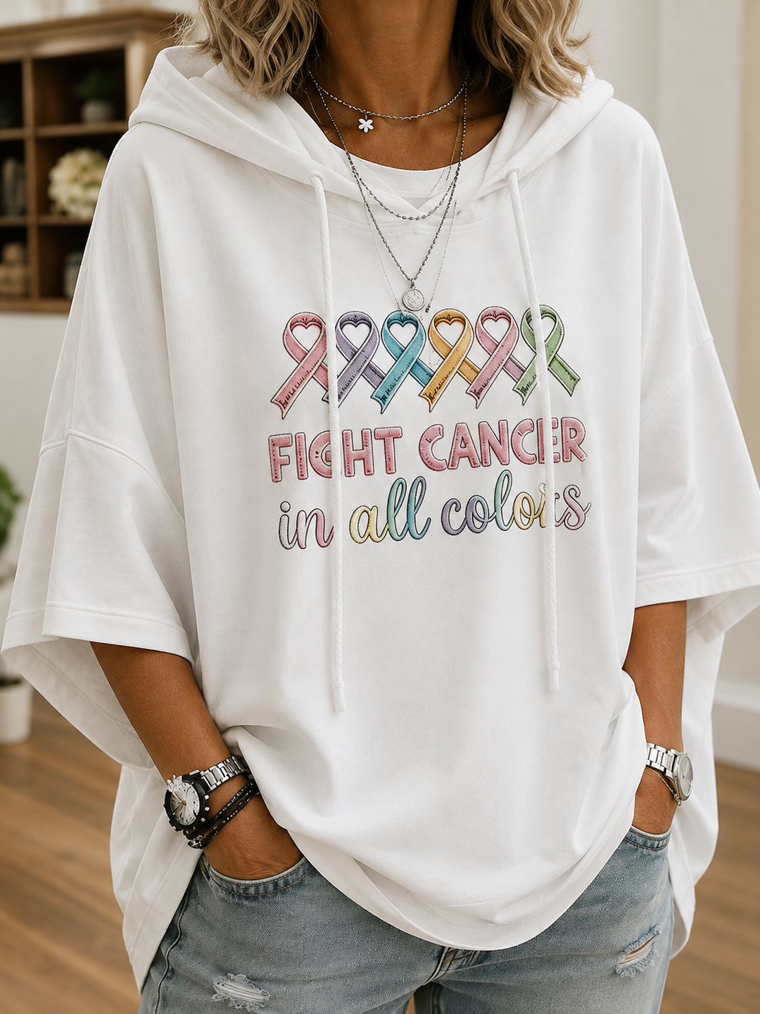 Women's hooded top with multicoloured awareness ribbon graphic and short sleeves