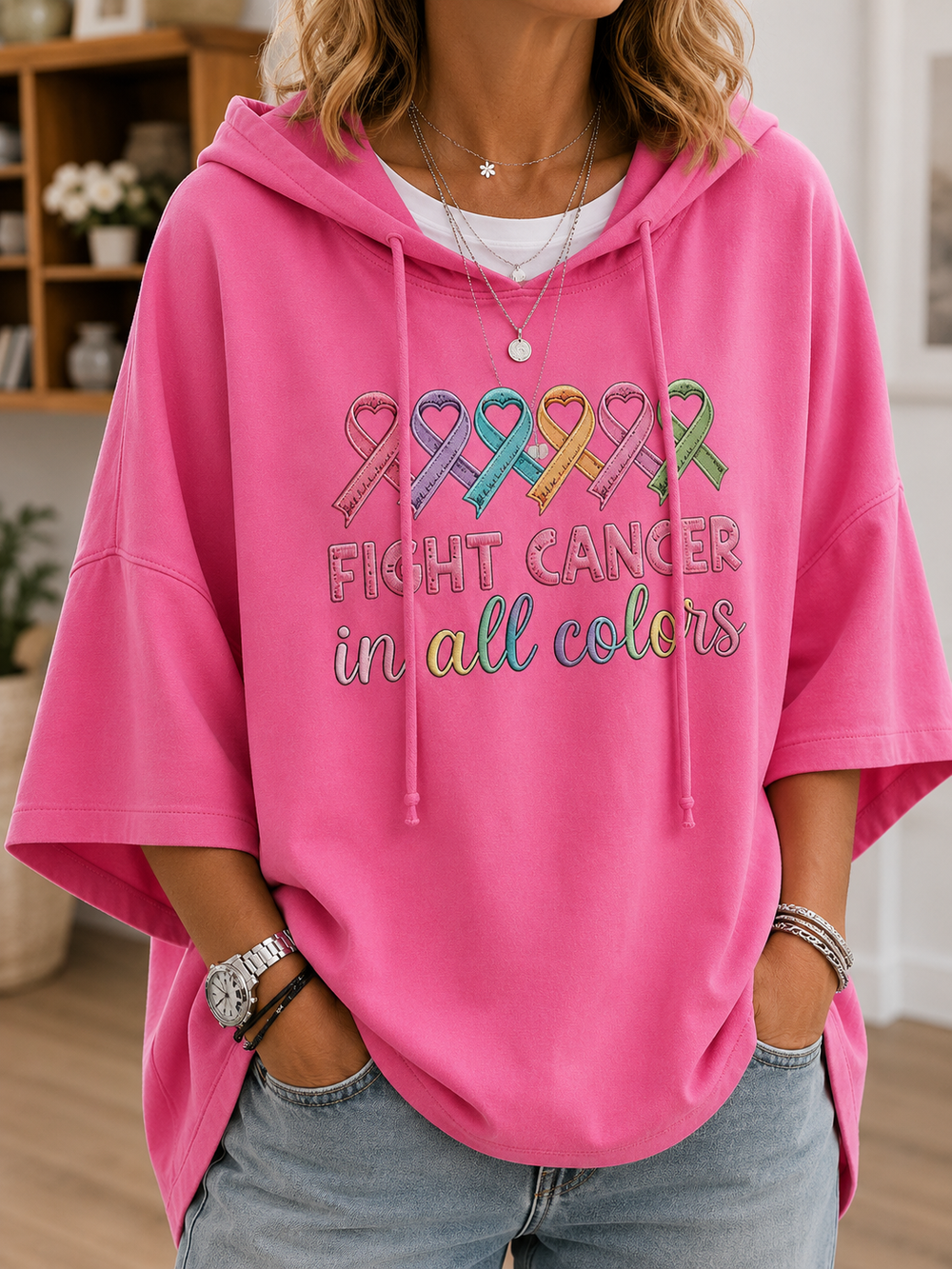 Women's hooded top with multicoloured awareness ribbon graphic and short sleeves