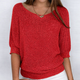 Women's ribbed knit sweater with wide neckline and three-quarter sleeves
