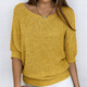 Women's ribbed knit sweater with wide neckline and three-quarter sleeves