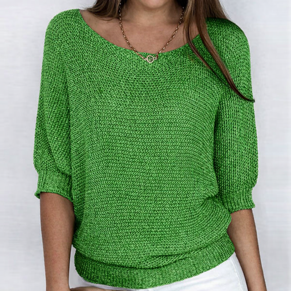 Women's ribbed knit sweater with wide neckline and three-quarter sleeves
