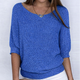 Women's ribbed knit sweater with wide neckline and three-quarter sleeves