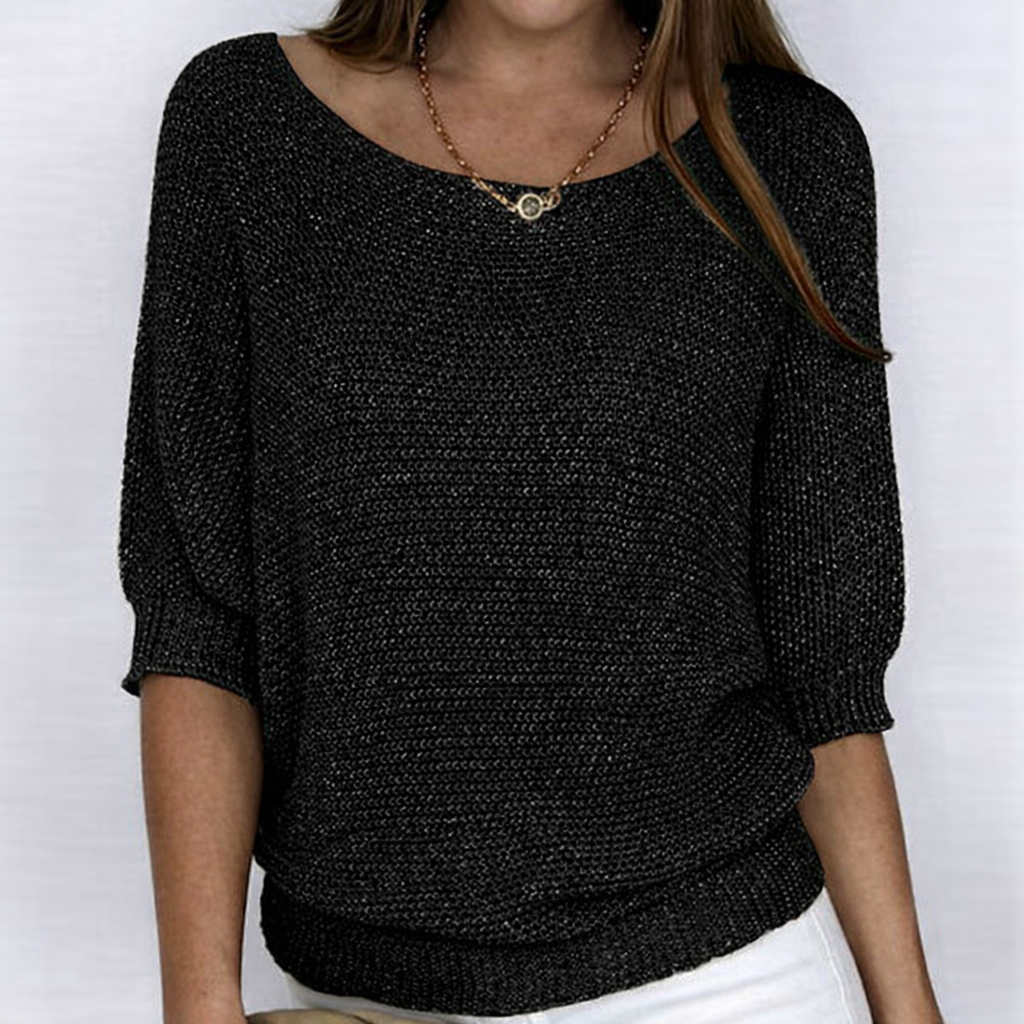 Women's ribbed knit sweater with wide neckline and three-quarter sleeves