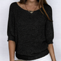 Women's ribbed knit sweater with wide neckline and three-quarter sleeves