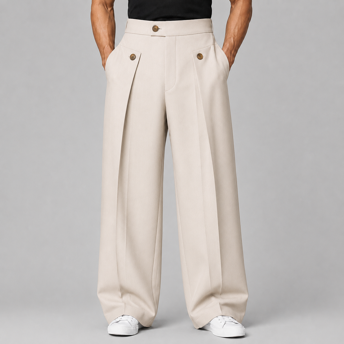 Men's wide leg trousers with front pleats, high waistband and buttoned front pockets