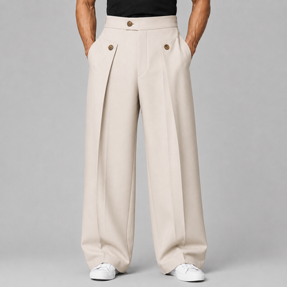Men's wide leg trousers with front pleats, high waistband and buttoned front pockets