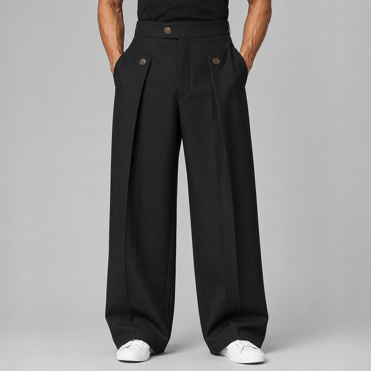 Men's wide leg trousers with front pleats, high waistband and buttoned front pockets