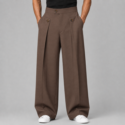 Men's wide leg trousers with front pleats, high waistband and buttoned front pockets