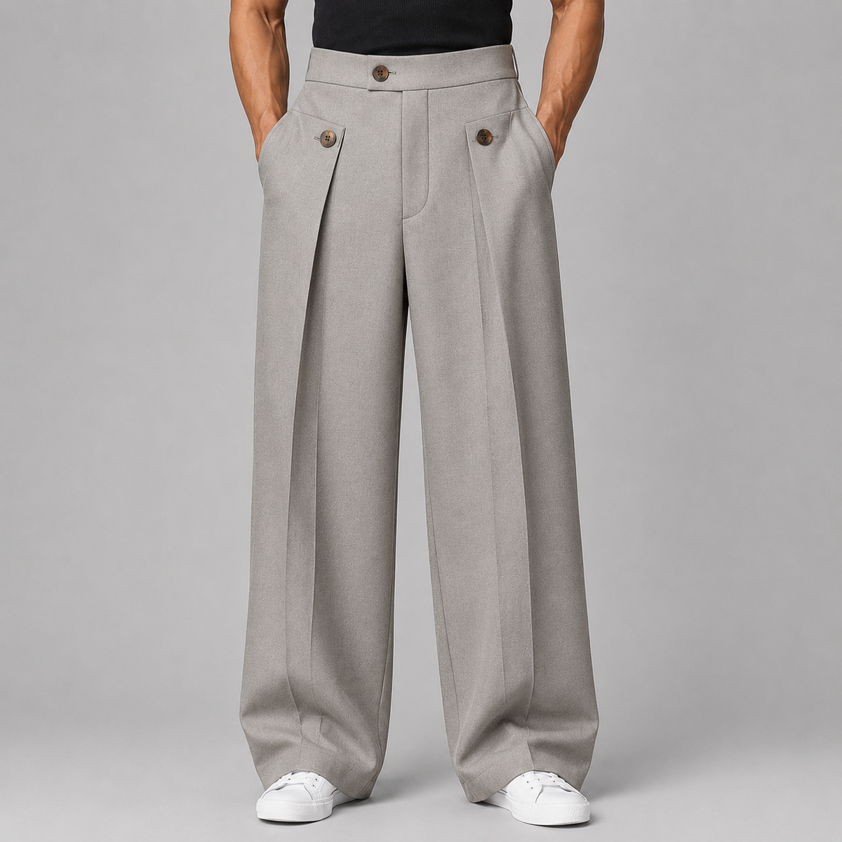 Men's wide leg trousers with front pleats, high waistband and buttoned front pockets