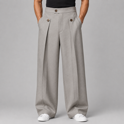 Men's wide leg trousers with front pleats, high waistband and buttoned front pockets