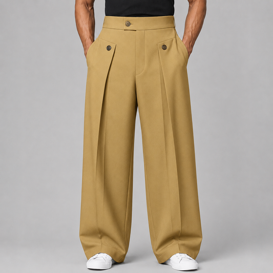 Men's wide leg trousers with front pleats, high waistband and buttoned front pockets