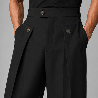 Men's wide leg trousers with front pleats, high waistband and buttoned front pockets
