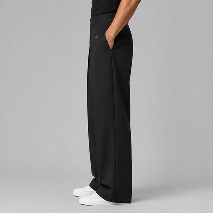 Men's wide leg trousers with front pleats, high waistband and buttoned front pockets