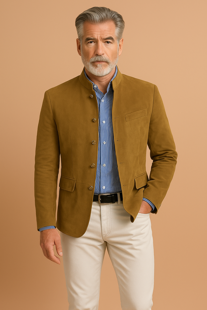 Men's Mandarin collar blazer with long sleeves, button front and flap pockets