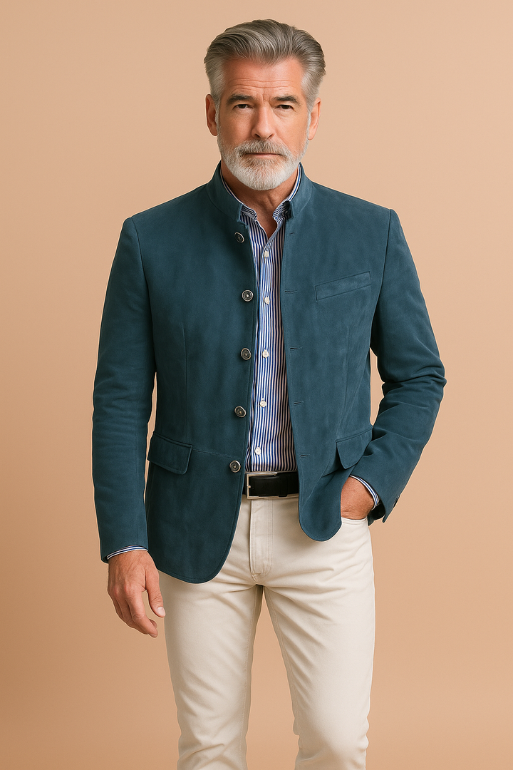 Men's Mandarin collar blazer with long sleeves, button front and flap pockets