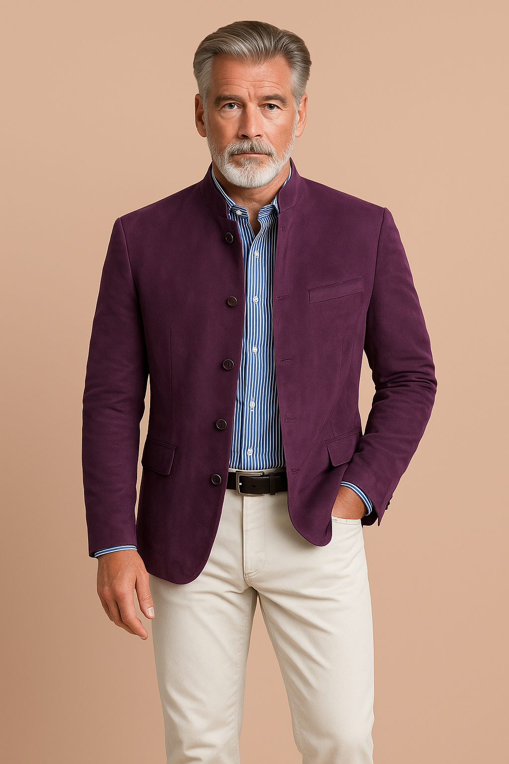 Men's Mandarin collar blazer with long sleeves, button front and flap pockets
