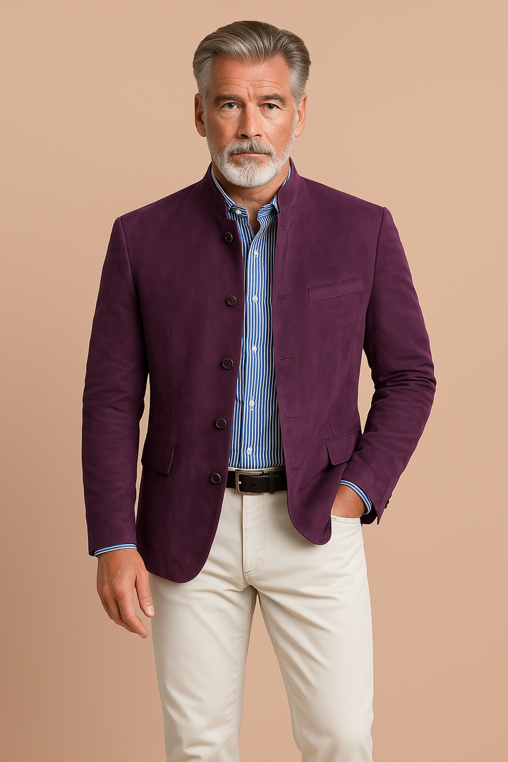 Men's Mandarin collar blazer with long sleeves, button front and flap pockets
