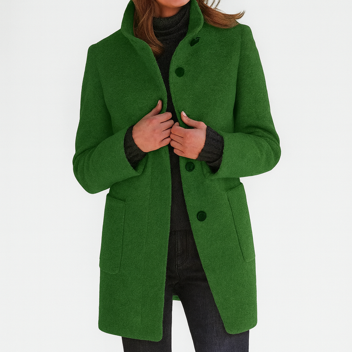 Women's solid winter coat with stand collar, button front, long sleeves and two patch pockets