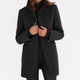 Women's solid winter coat with stand collar, button front, long sleeves and two patch pockets