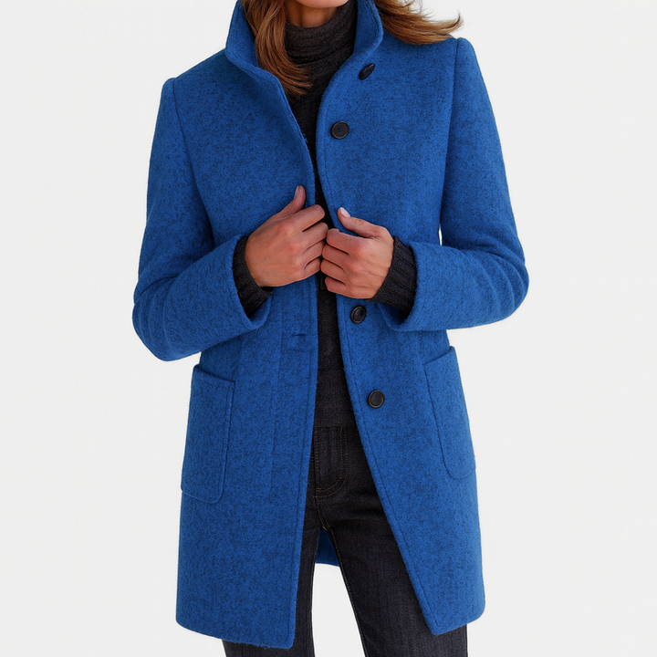 Women's solid winter coat with stand collar, button front, long sleeves and two patch pockets