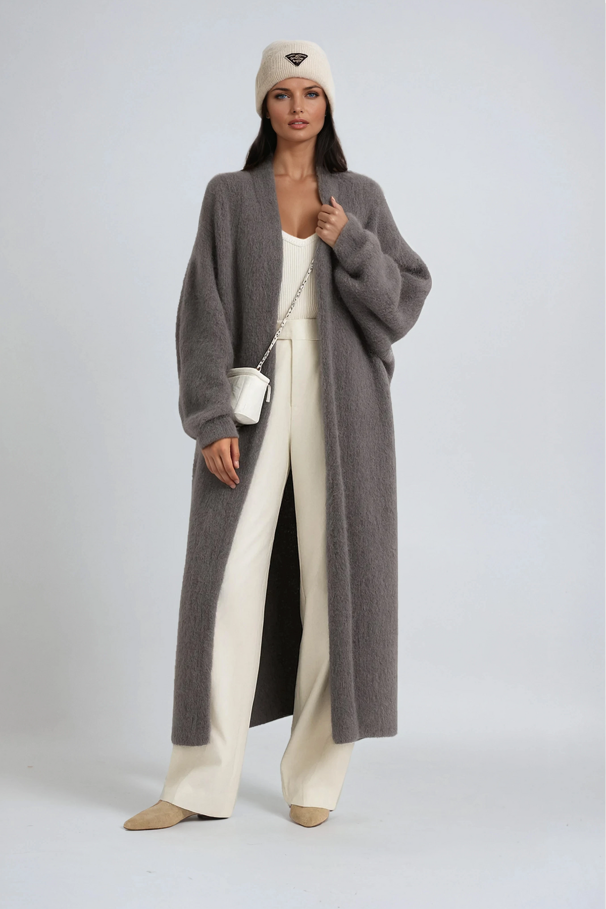 Women's longline open front knit cardigan with long sleeves