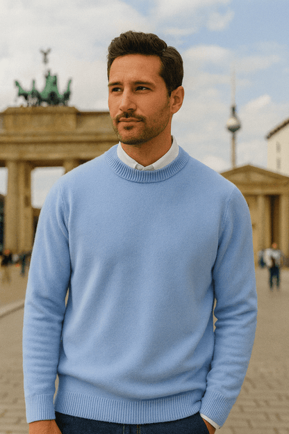 Men's plain crew-neck sweater with long sleeves and ribbed trims