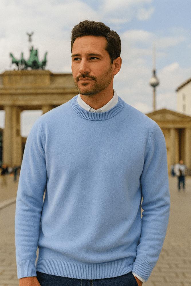 Men's plain crew-neck sweater with long sleeves and ribbed trims