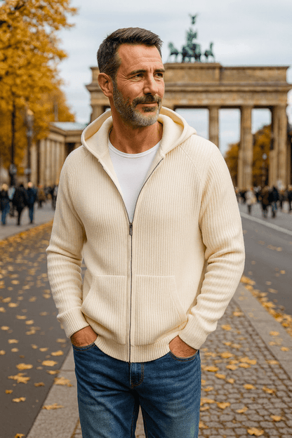 Unisex hooded zip cardigan with front pockets and long sleeves