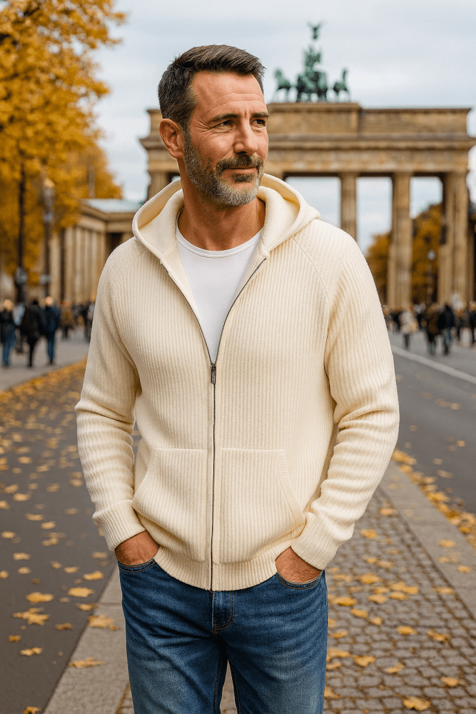 Unisex hooded zip cardigan with front pockets and long sleeves