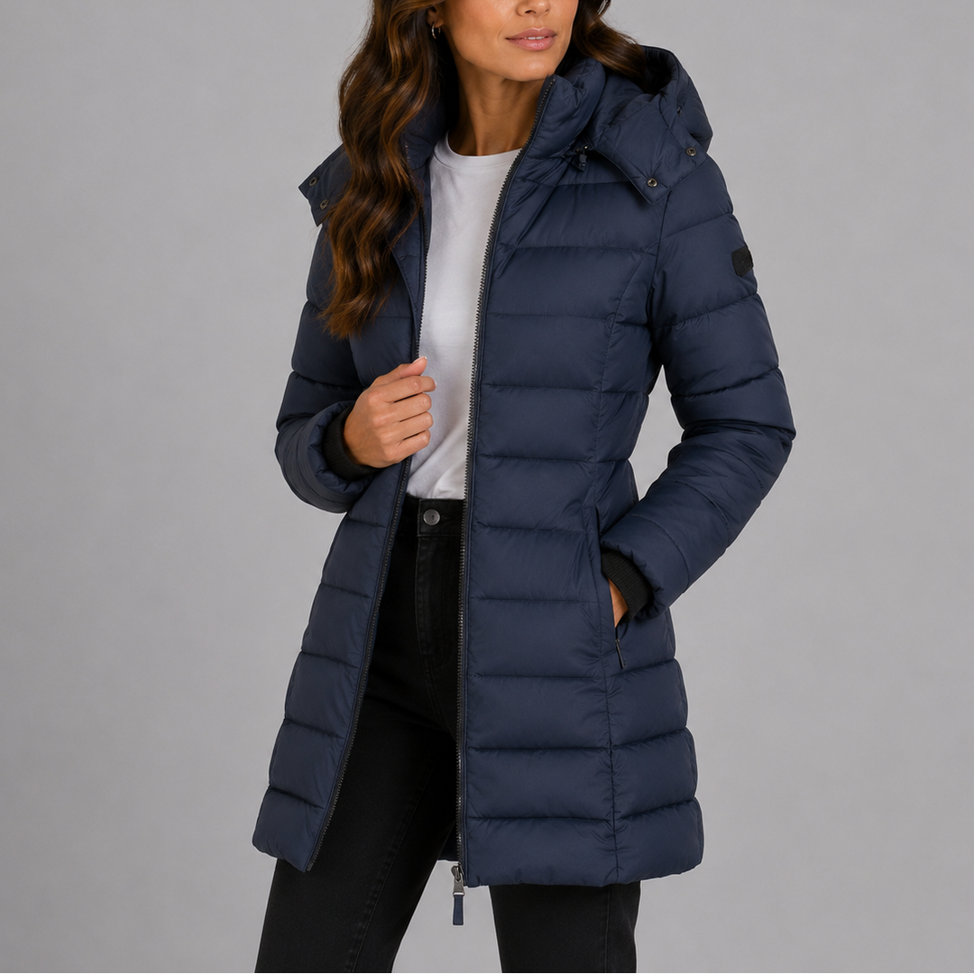 Women's knee-length hooded quilted puffer coat with long sleeves and zip pockets