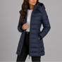 Women's hooded quilted longline puffer jacket with front zipper and pockets