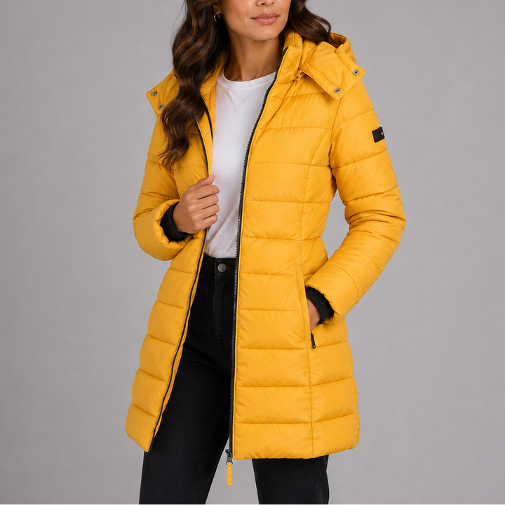 Women's knee-length hooded quilted puffer coat with long sleeves and zip pockets