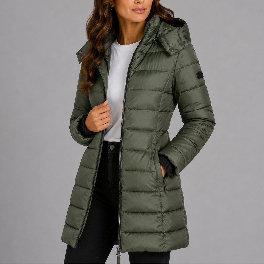 Women's knee-length hooded quilted puffer coat with long sleeves and zip pockets