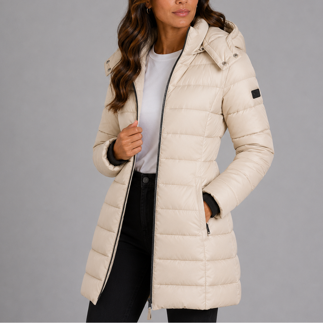 Women's knee-length hooded quilted puffer coat with long sleeves and zip pockets