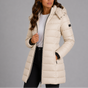 Women's hooded quilted longline puffer jacket with front zipper and pockets