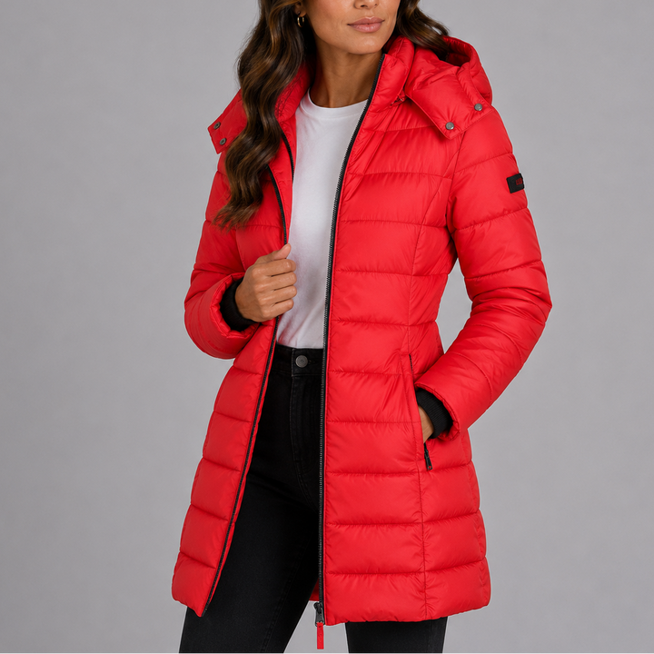 Women's knee-length hooded quilted puffer coat with long sleeves and zip pockets