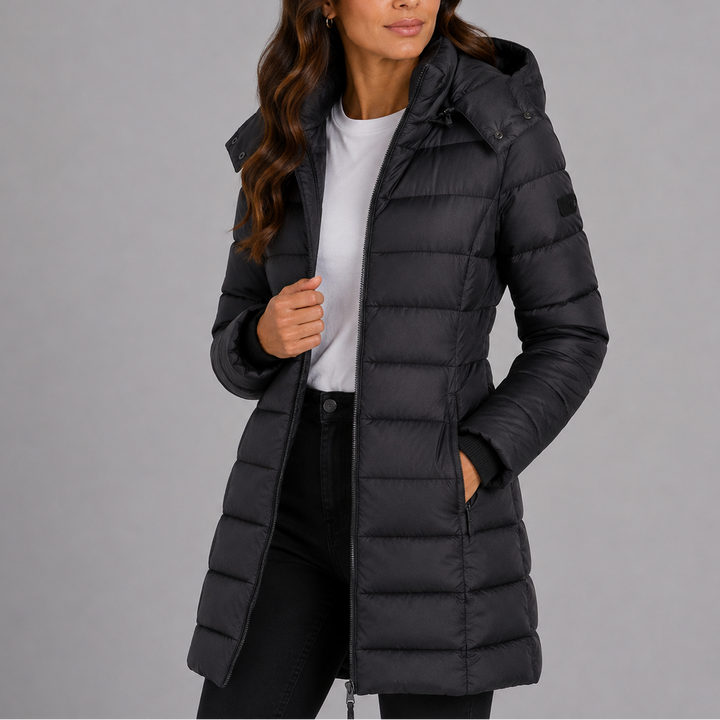 Women's knee-length hooded quilted puffer coat with long sleeves and zip pockets