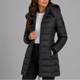 Women's knee-length hooded quilted puffer coat with long sleeves and zip pockets