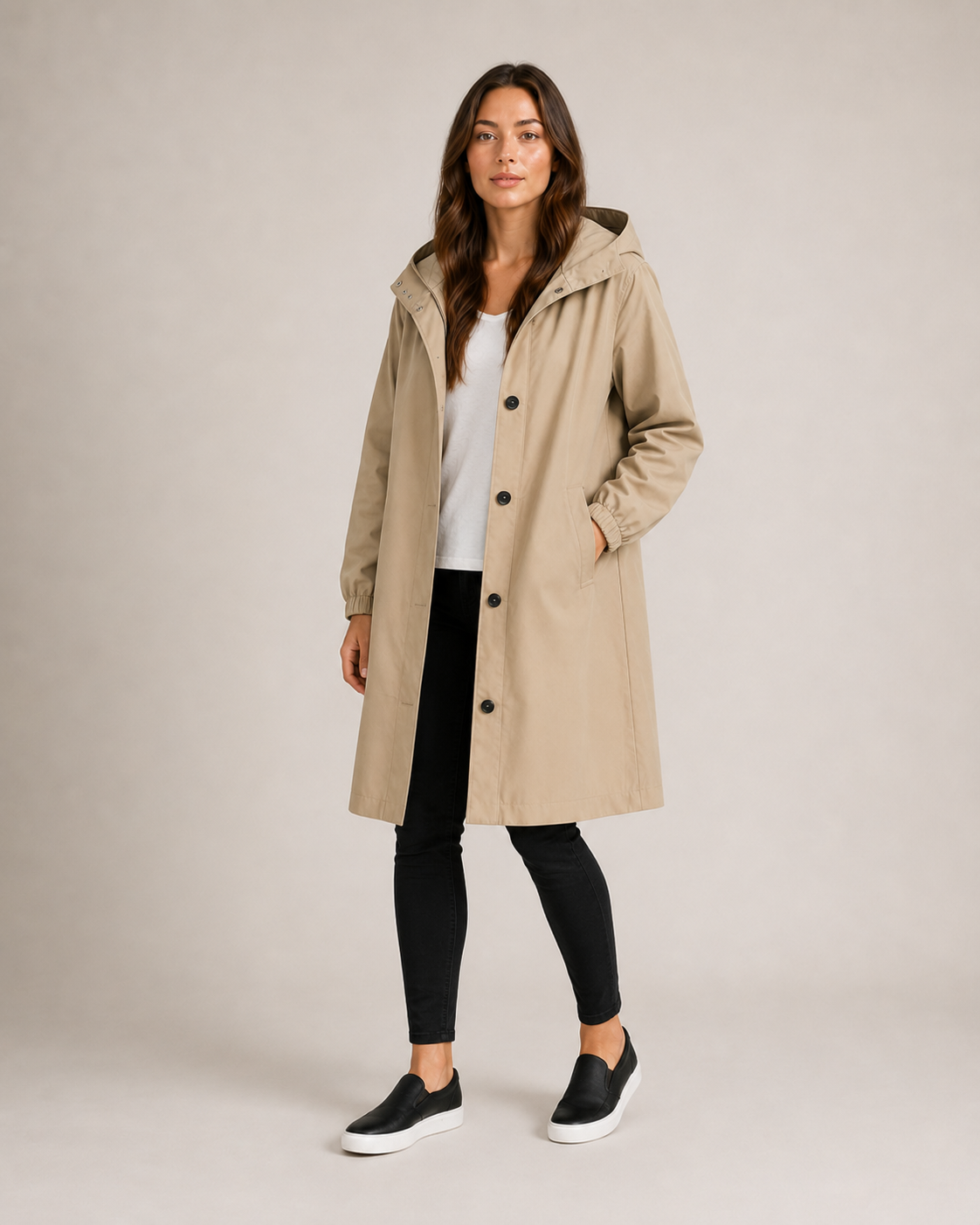 Women's hooded mid-thigh rain coat with button front and long sleeves